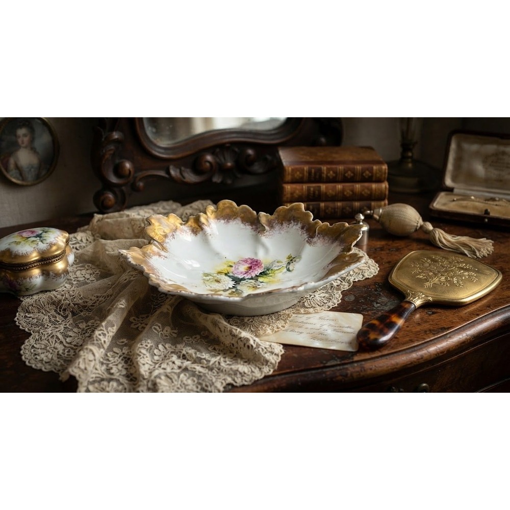 Antique Hand Decorated Porcelain Butter Pat Ruffled Gold Gilt Pin Dish C.1900